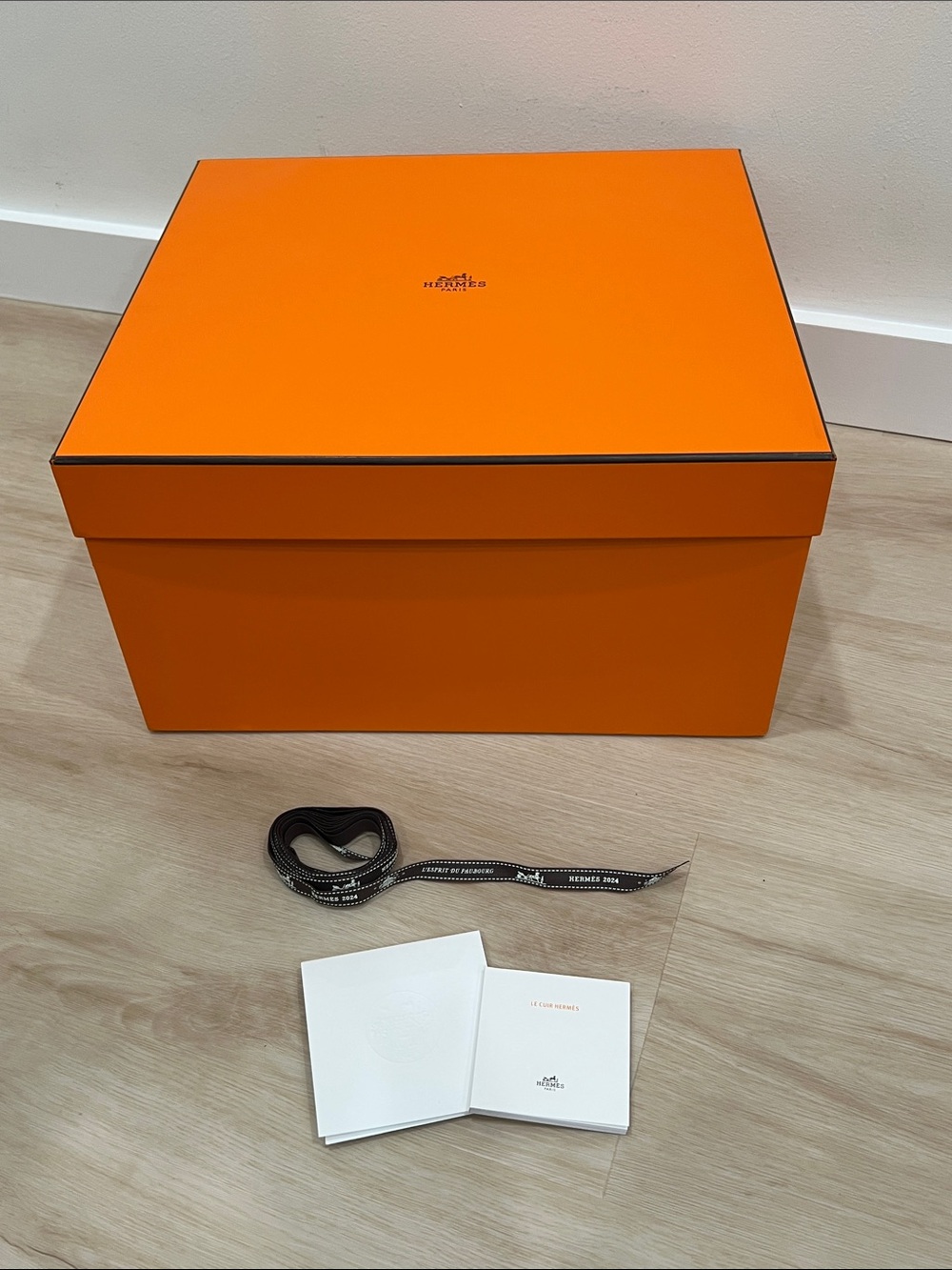 HERMES X-Large Box 16.5”x15.5”x9” with Embossed Ribbon & Leather Care Bookl